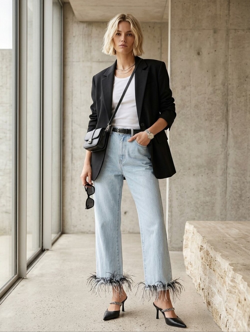 Miss Lola Light Blue Jeans with Feather Hem Trim